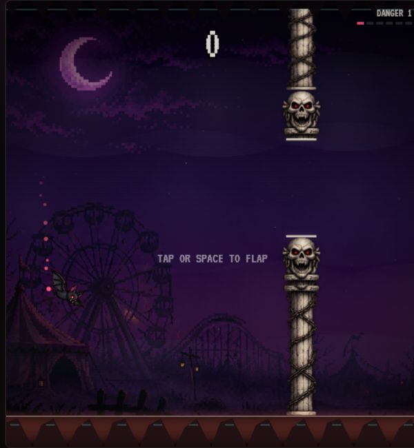 Flappy Bat gameplay with skull pillars and a haunted carnival background
