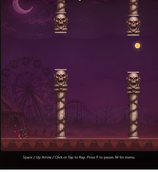 Flappy Bat gameplay showing the bat flying between skull pillars