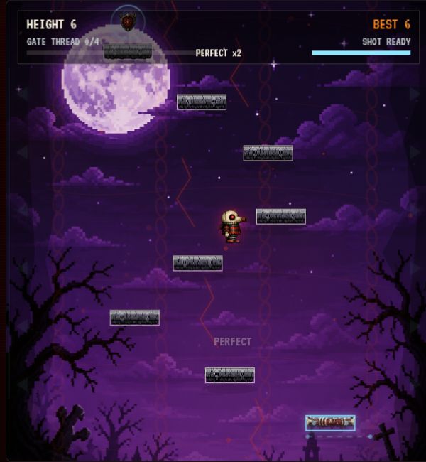 Hell Climb gameplay with platforms, moonlit sky, and height counter